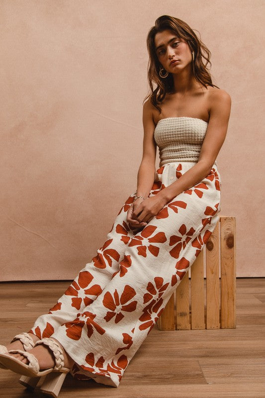 Floral Print Elastic Waist Pants