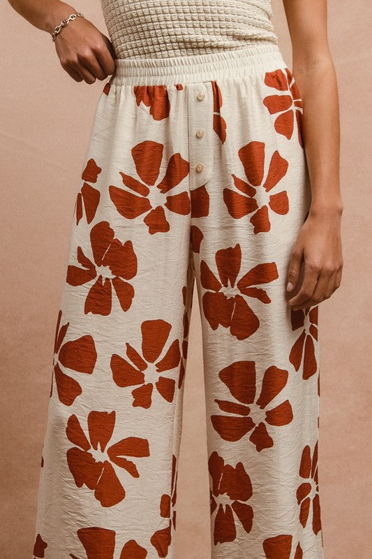 Floral Print Elastic Waist Pants