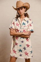 Denim Frayed Hemline Star Print Dress