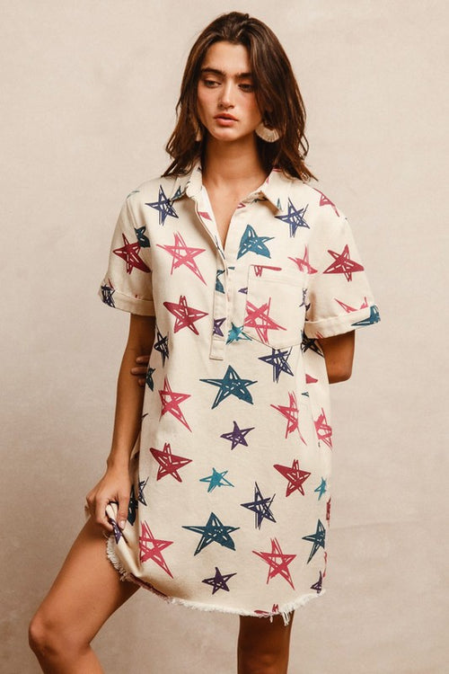 Denim Frayed Hemline Star Print Dress