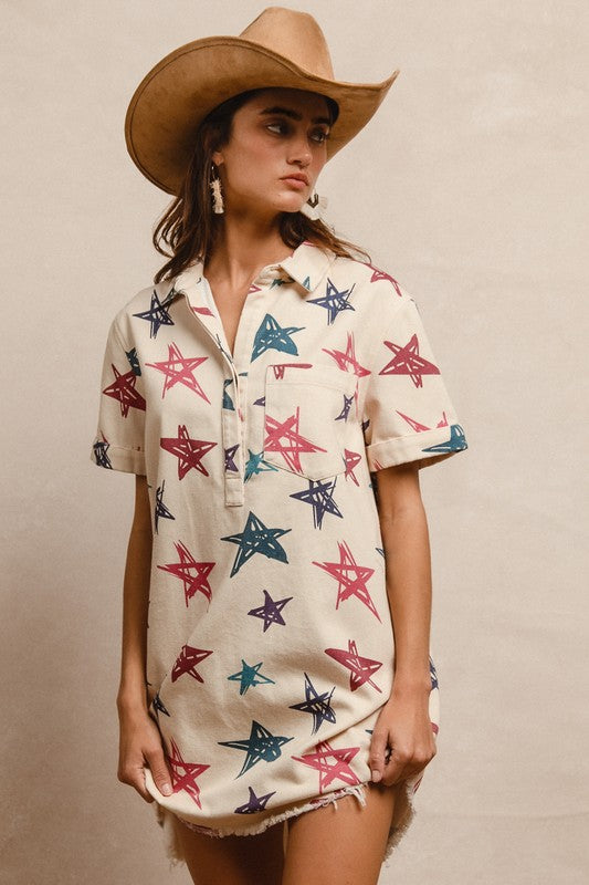 Denim Frayed Hemline Star Print Dress