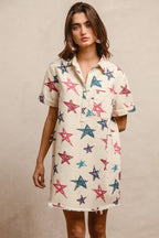 Denim Frayed Hemline Star Print Dress
