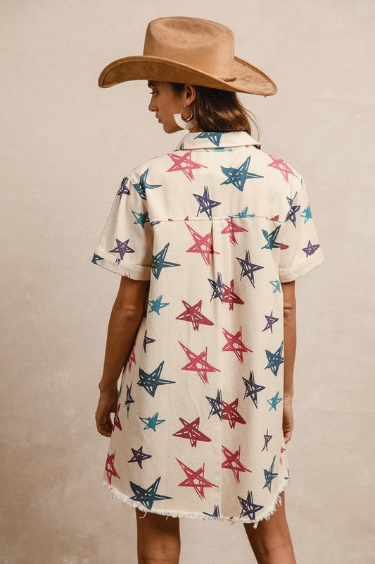 Denim Frayed Hemline Star Print Dress