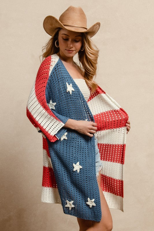 Star Patch American Flag Open Knit Cardigan