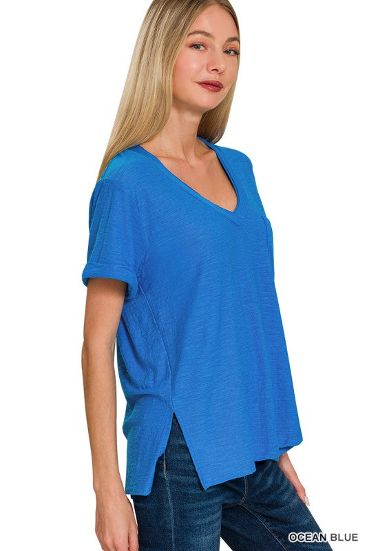 Slub Rolled Sleeve V-neck Tee