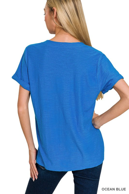 Slub Rolled Sleeve V-neck Tee