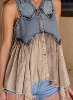 Denim & Ruffle Sleeveless Top