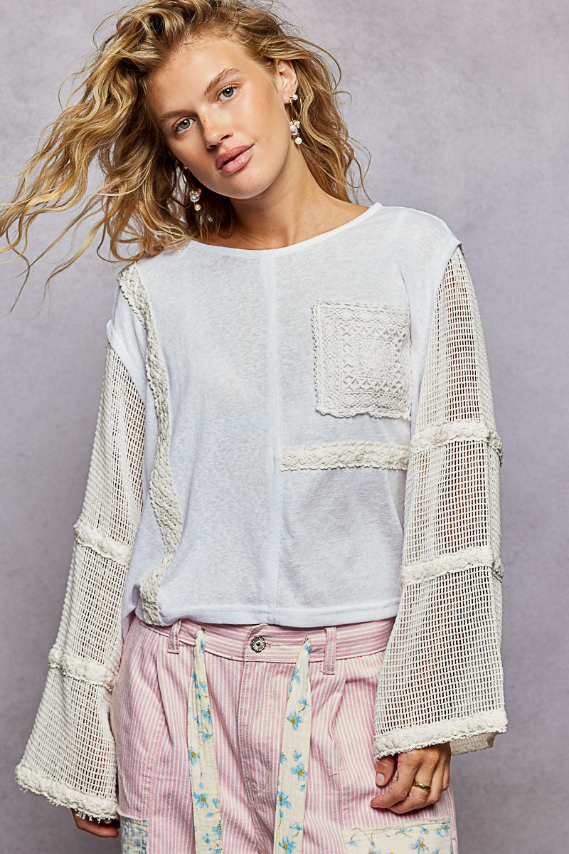 Crochet Sleeve Round neck long sleeve Top