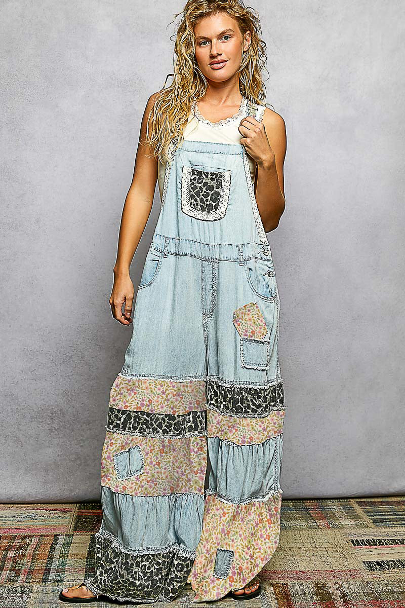 Wide Leg Mixed Pattern Overalls