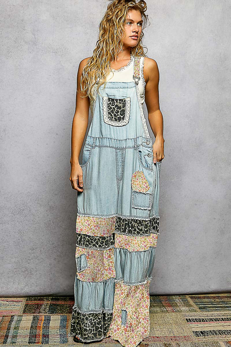 Wide Leg Mixed Pattern Overalls