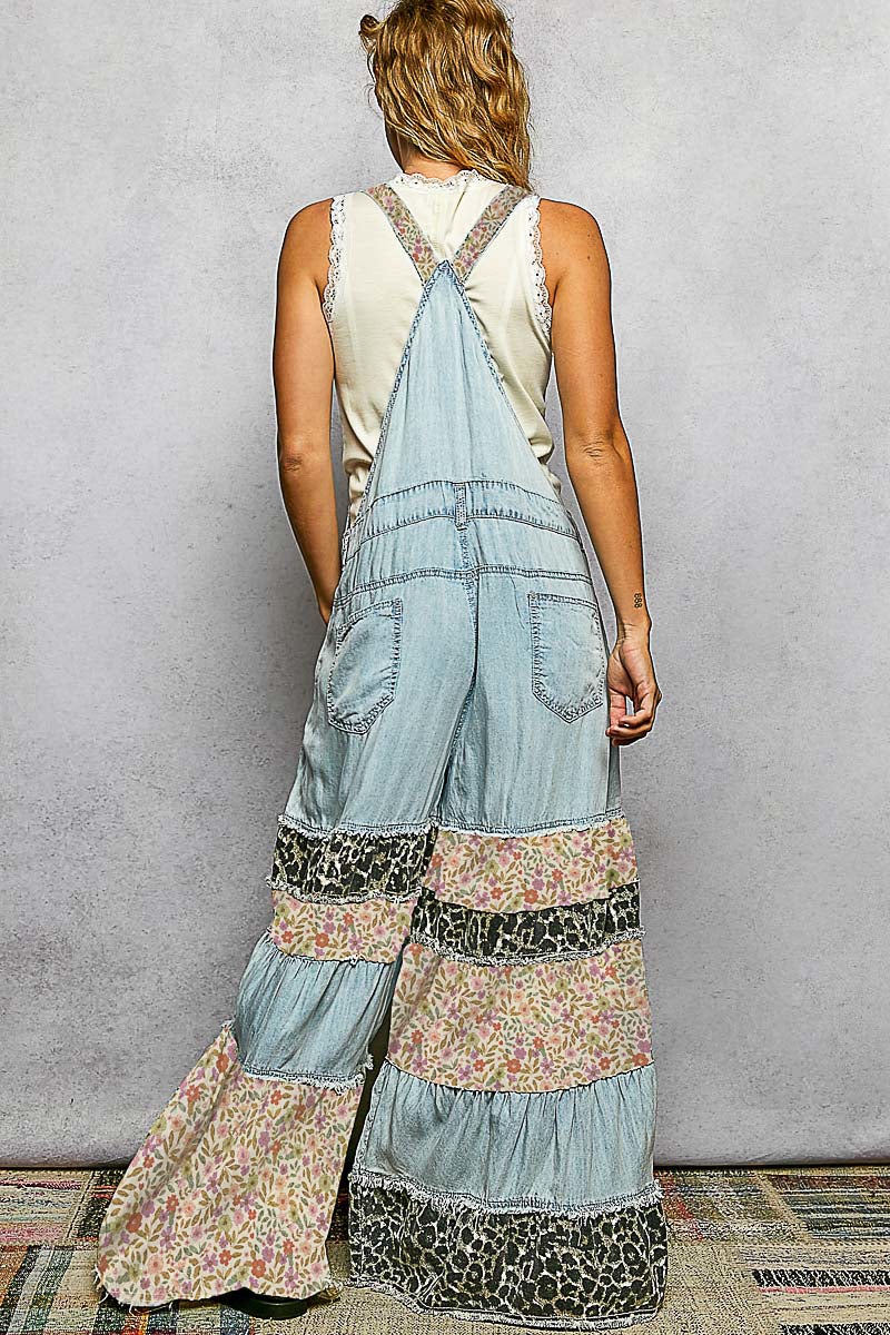 Wide Leg Mixed Pattern Overalls
