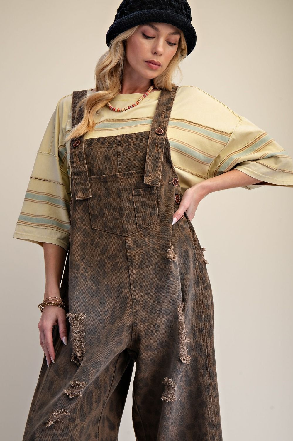 Animal Print Washed Overalls