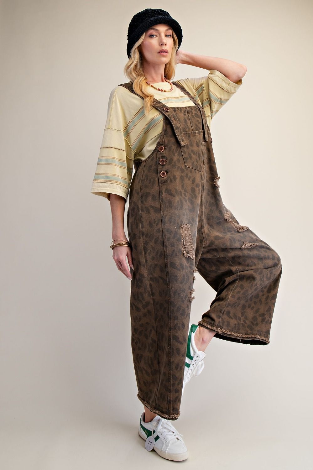 Animal Print Washed Overalls