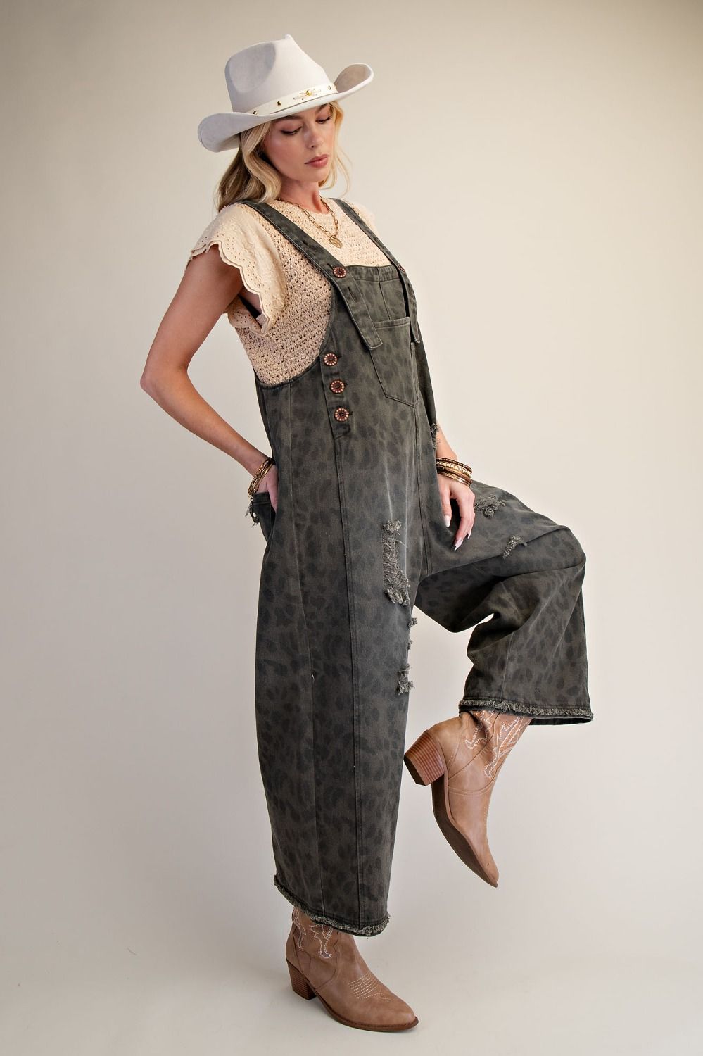 Animal Print Washed Overalls
