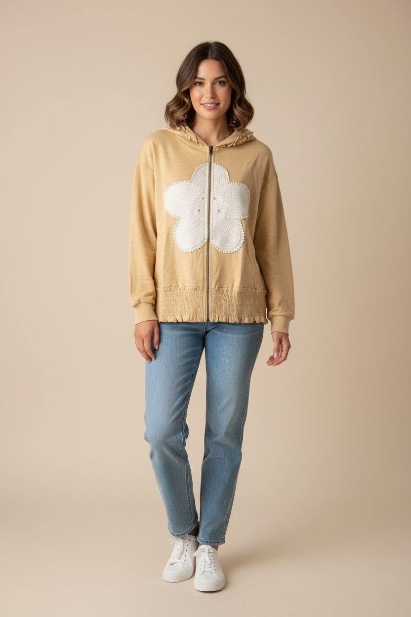 Floral Appliqué Zip up Hooded Top