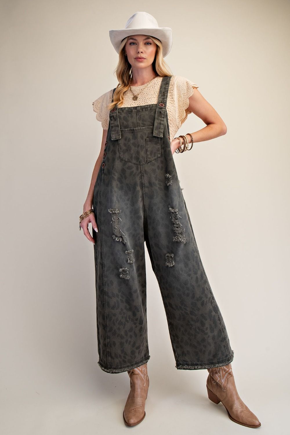 Animal Print Washed Overalls