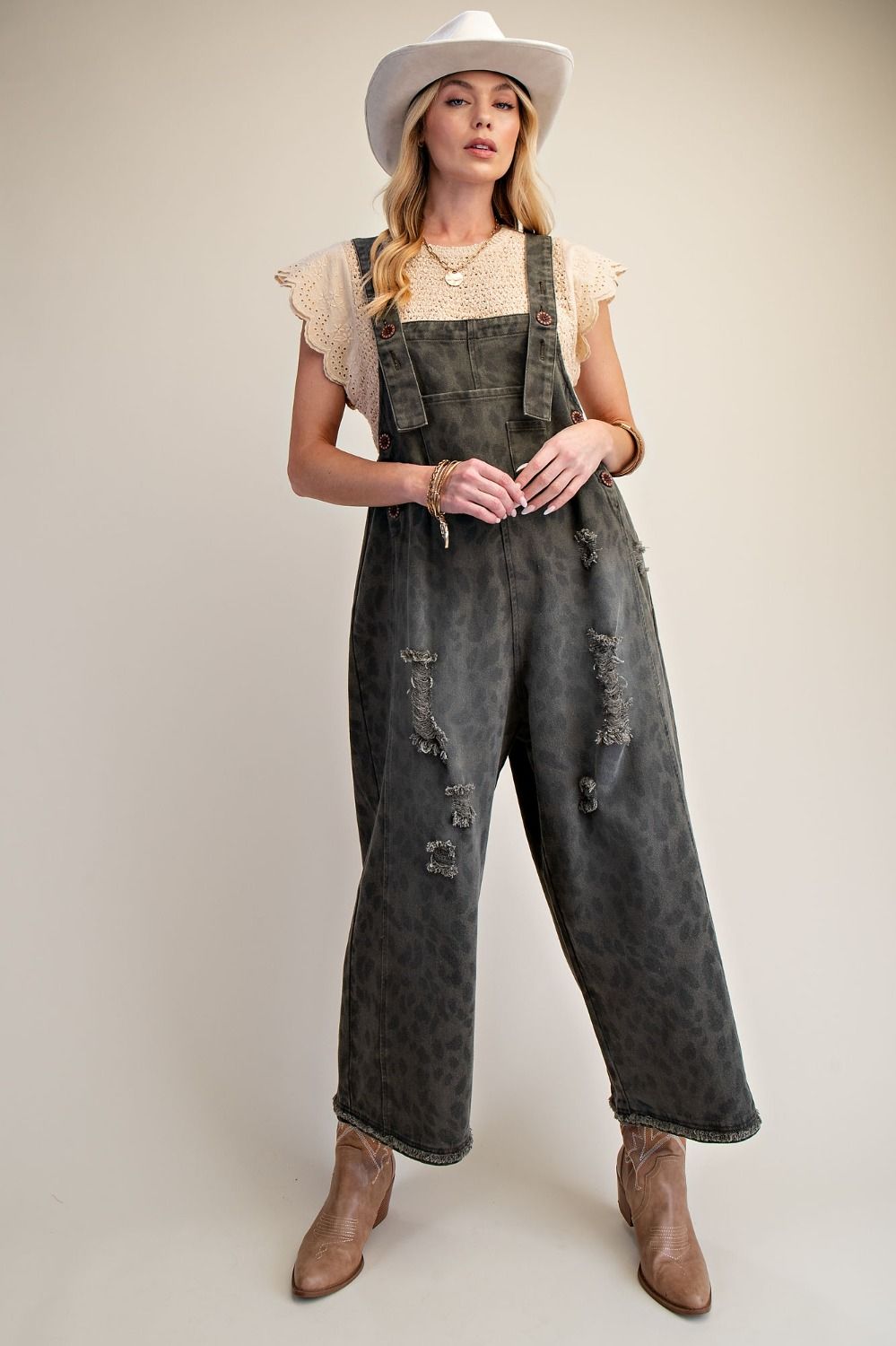 Animal Print Washed Overalls