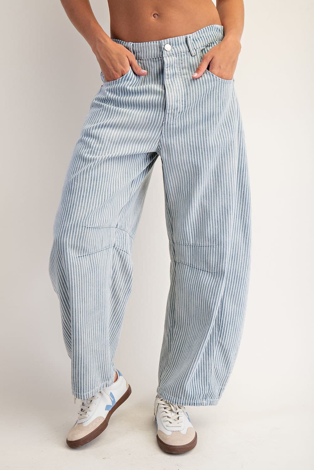 Mineral Washed Pinstriped Barrel Jeans