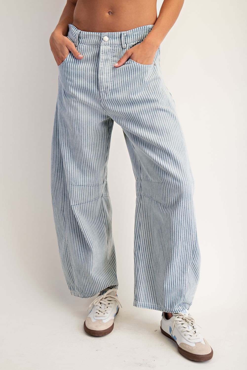 Mineral Washed Pinstriped Barrel Jeans