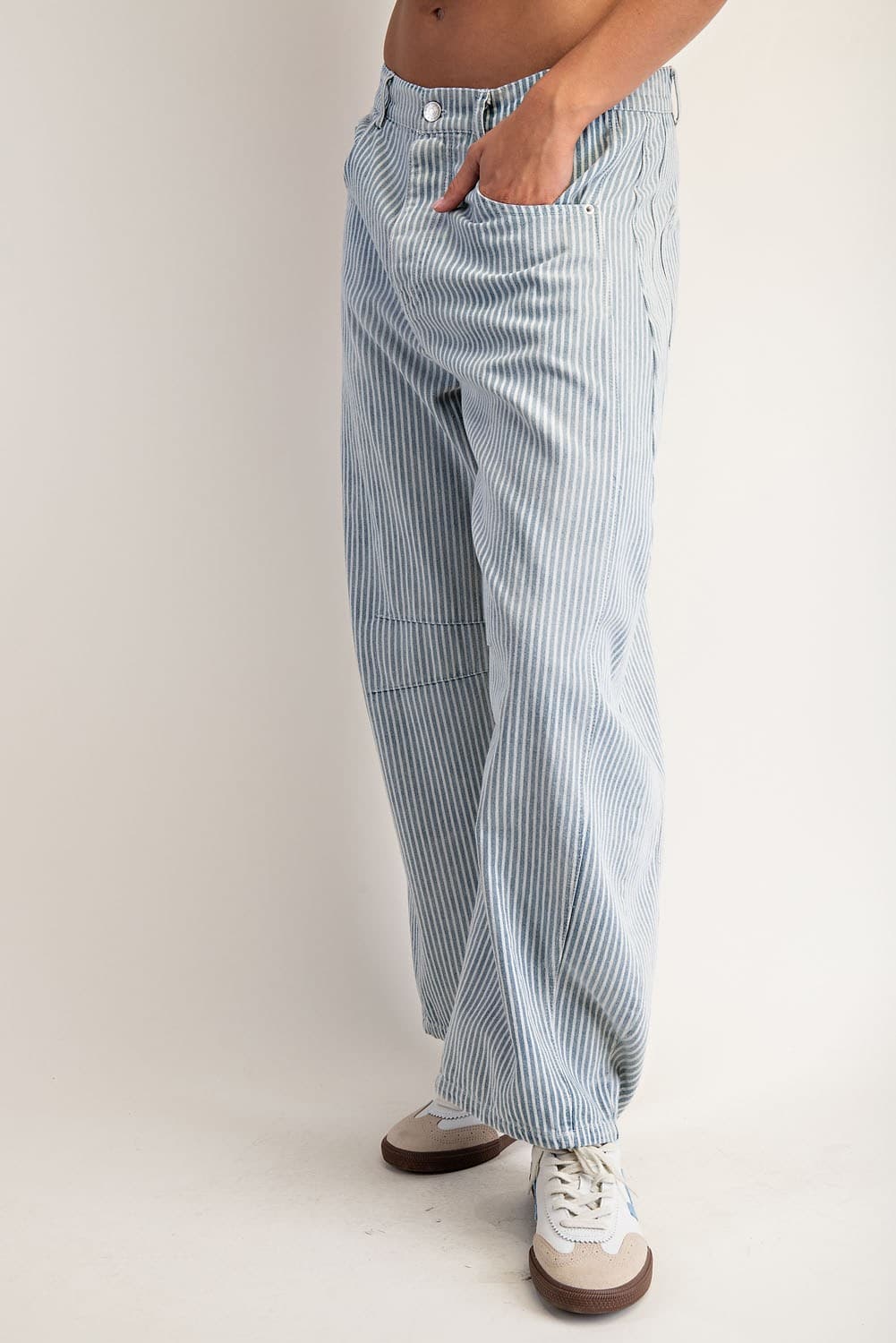 Mineral Washed Pinstriped Barrel Jeans