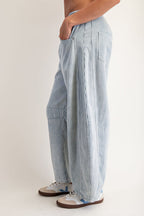 Mineral Washed Pinstriped Barrel Jeans