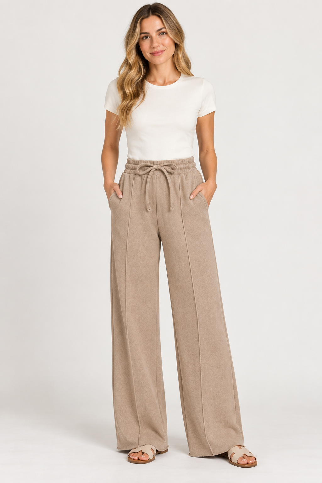 Fleece Pintucked Wide-leg Pants