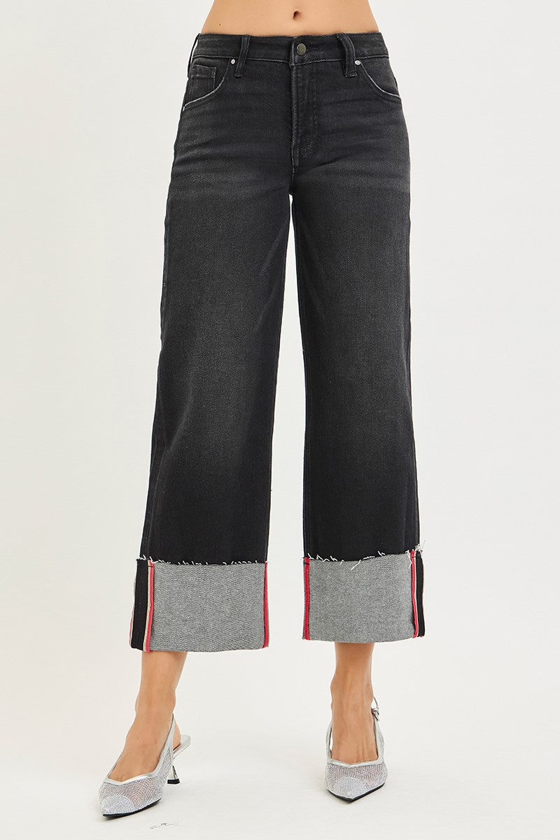 Risen Mid-Rise Crop Wide Cuffed Denim