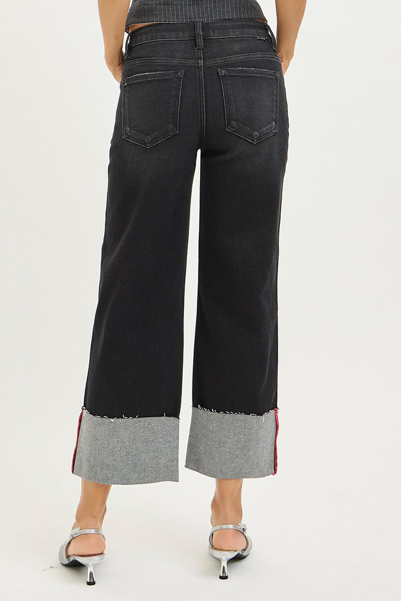 Risen Mid-Rise Crop Wide Cuffed Denim