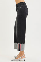 Risen Mid-Rise Crop Wide Cuffed Denim