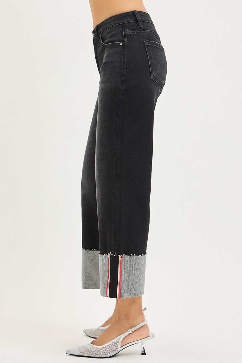 Risen Mid-Rise Crop Wide Cuffed Denim