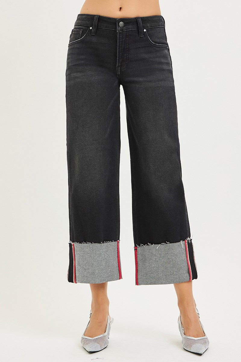 Risen Mid-Rise Crop Wide Cuffed Denim