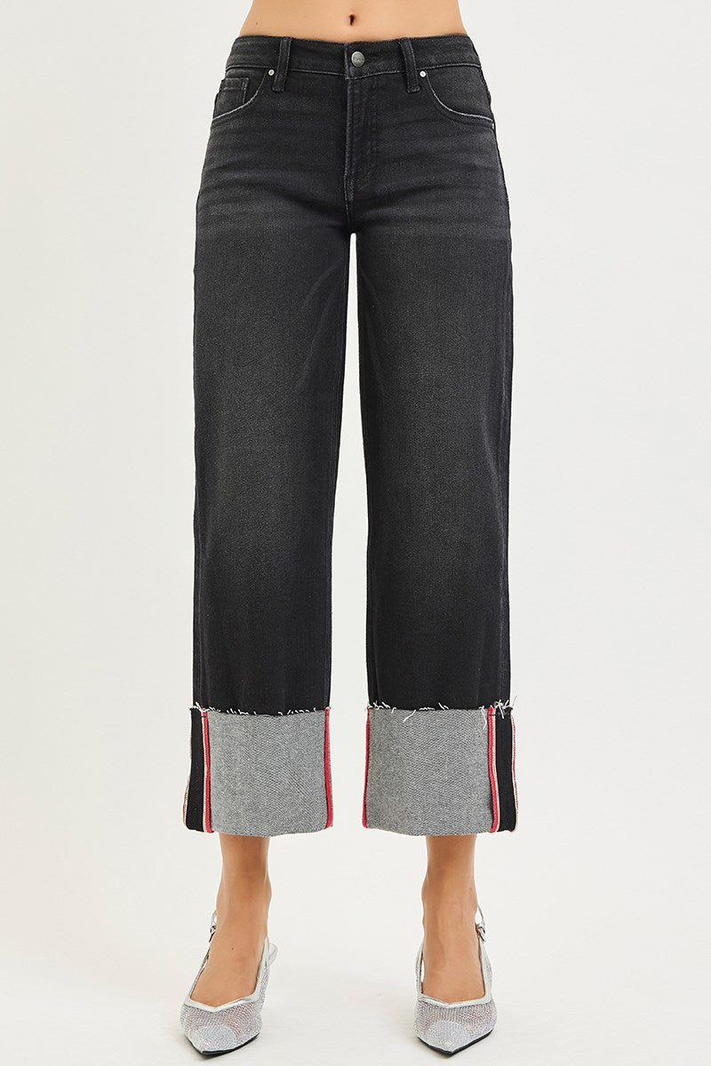 Risen Mid-Rise Crop Wide Cuffed Denim