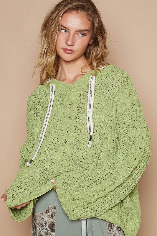 V-Neck Hooded Chenille Sweater - Pear