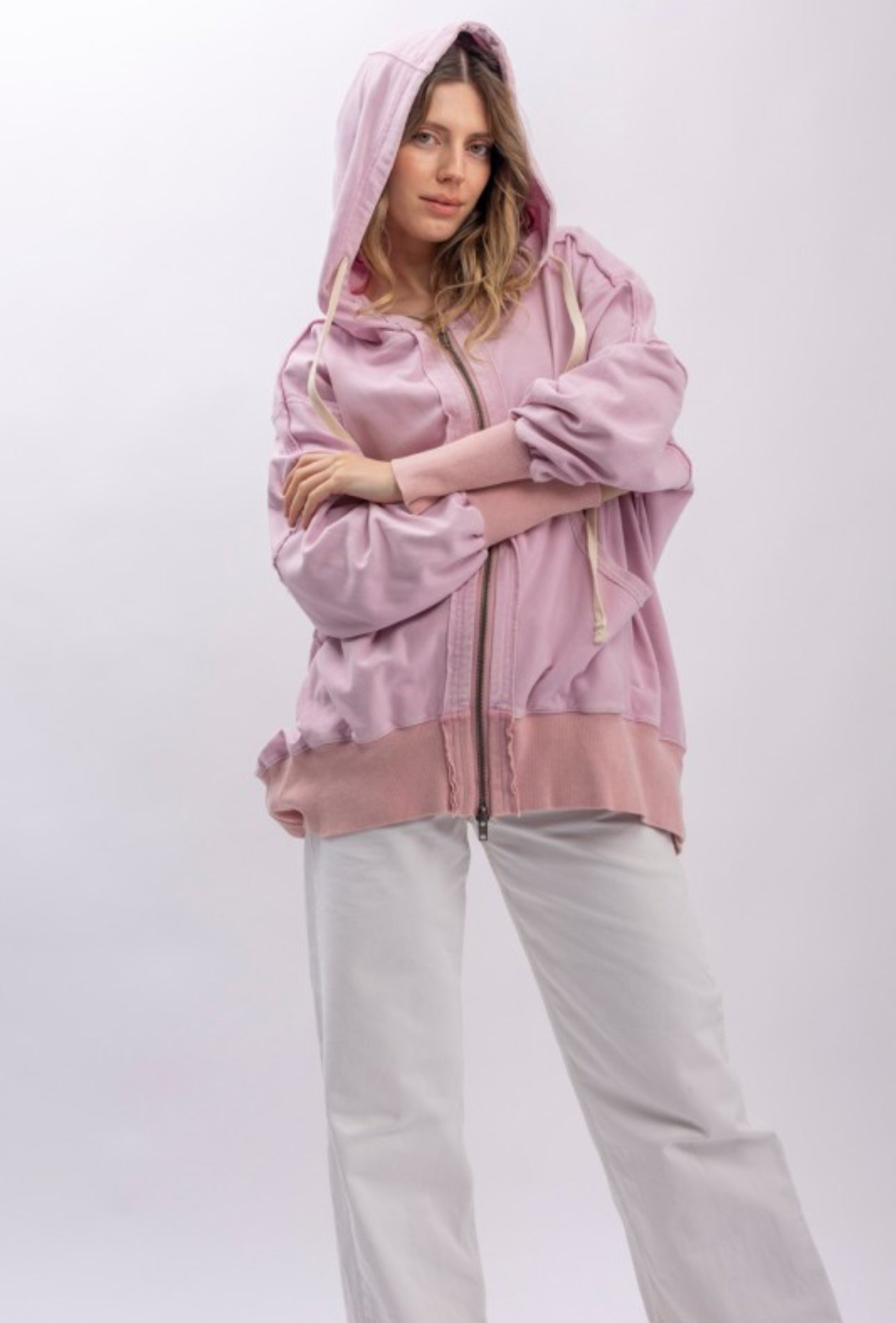 Front Zip Up Hoodie Top W/ Rib Band