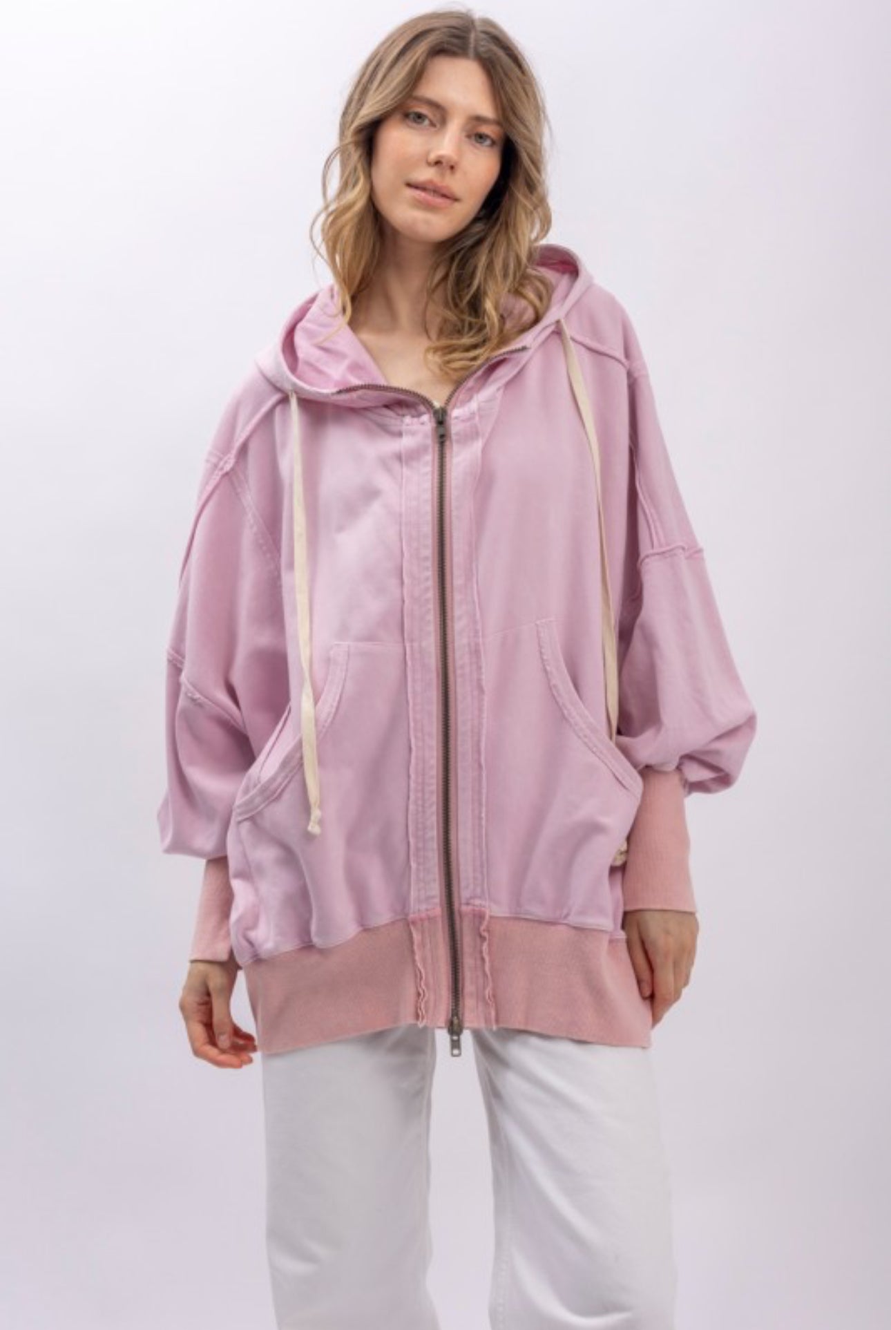 Front Zip Up Hoodie Top W/ Rib Band