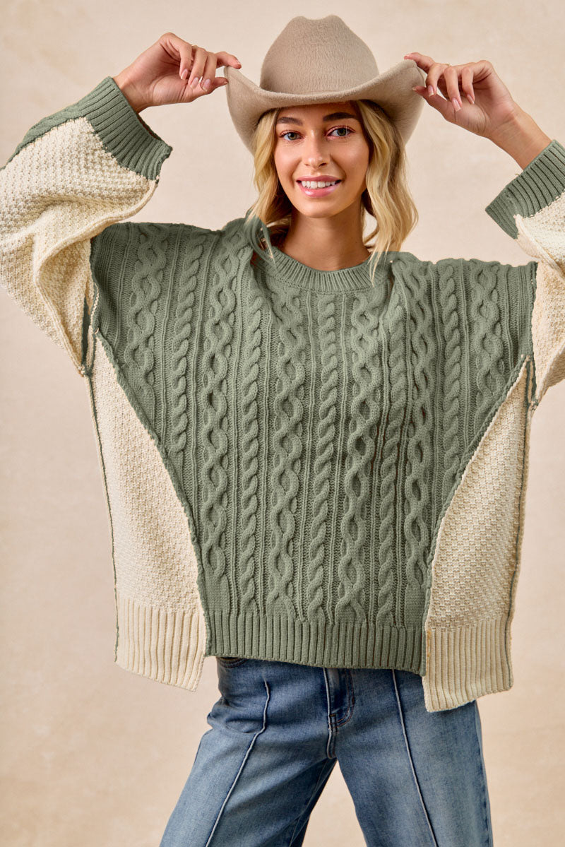 Sage Green & Ivory Cable Knit Sweater
