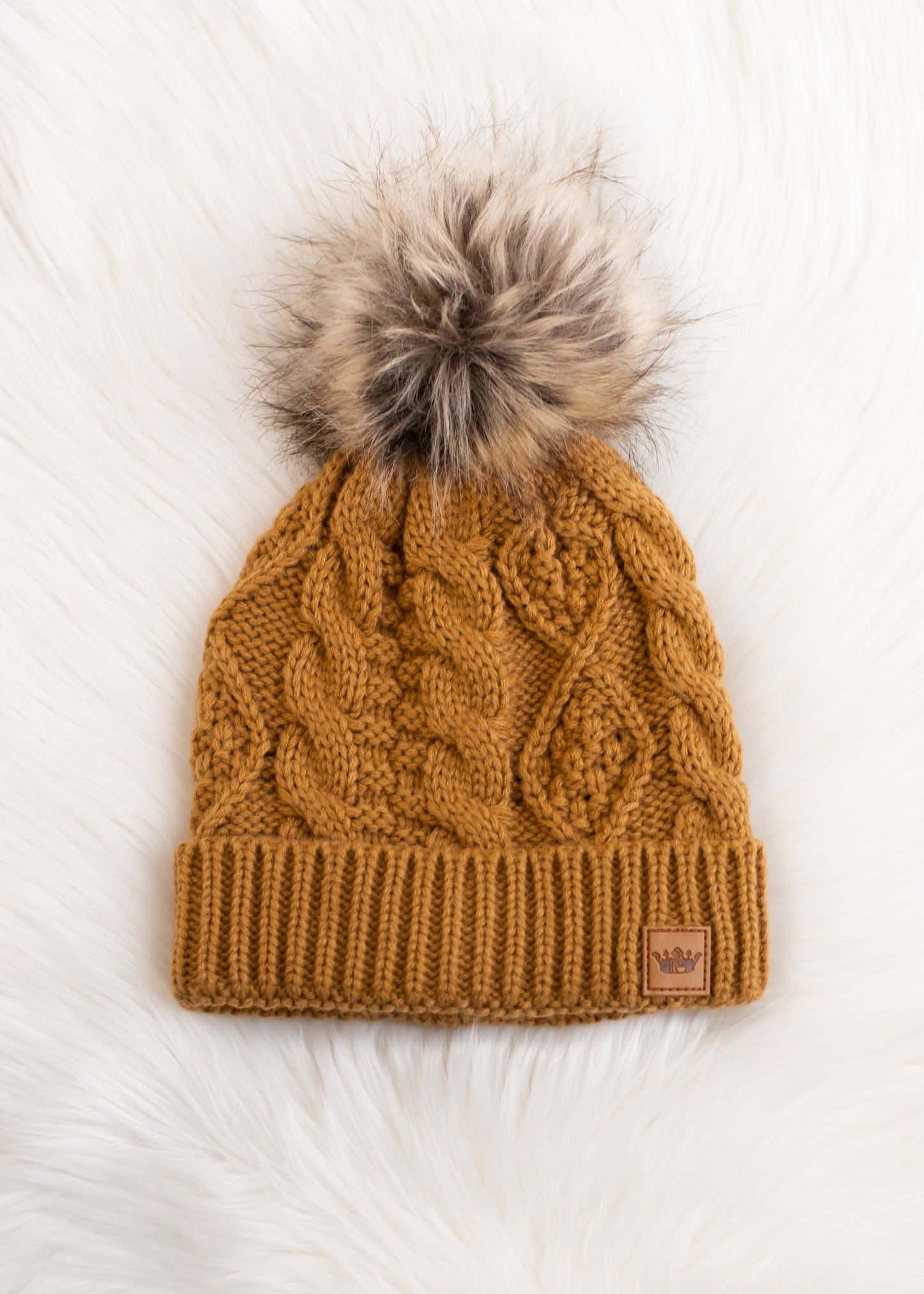 Camel Cable Knit Pom Hat