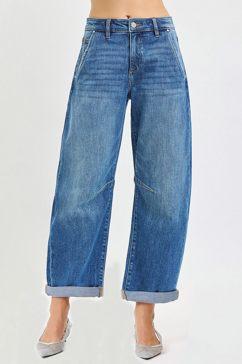 Risen Slouchy Cropped Barrel Jeans with Cuffed Hem