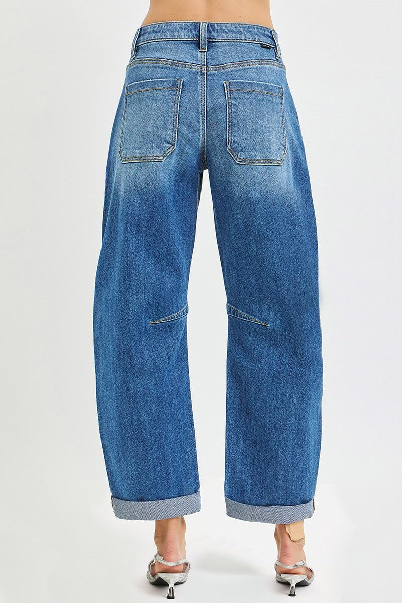 Risen Slouchy Cropped Barrel Jeans with Cuffed Hem