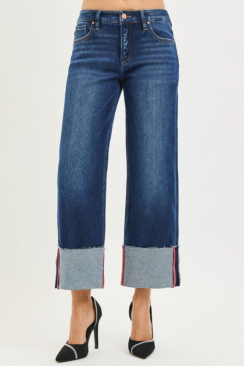 Risen Tummy  Control Mid- Rise Crop Wide Cuffed Jeans