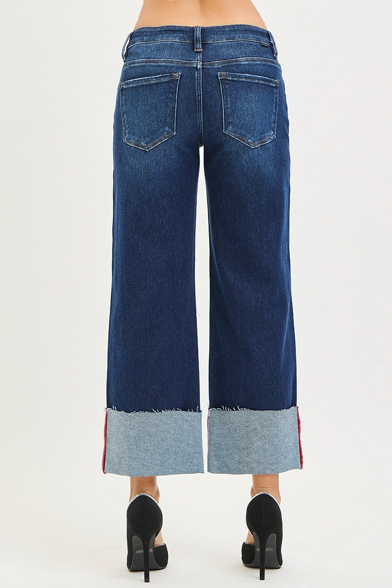 Risen Tummy  Control Mid- Rise Crop Wide Cuffed Jeans