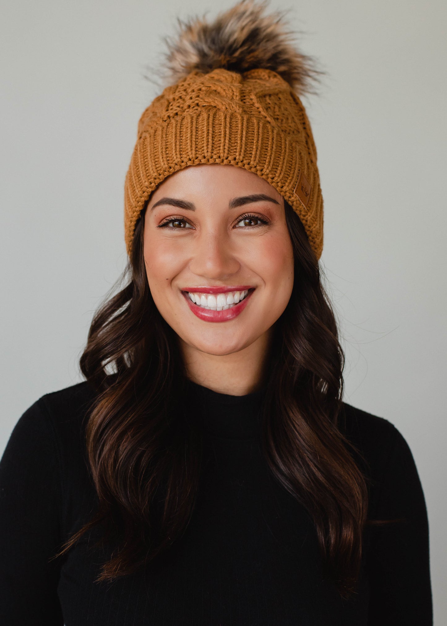 Camel Cable Knit Pom Hat