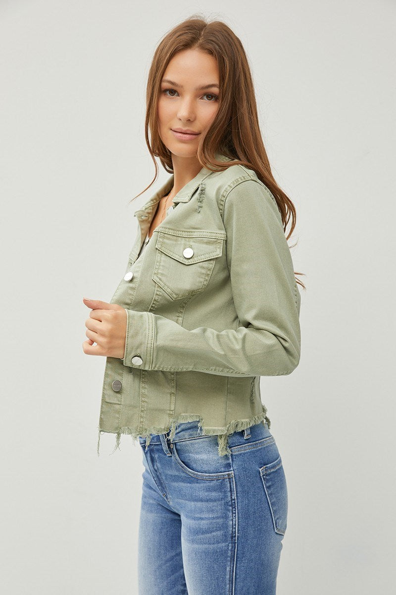 Olive Irregular Frayed Hem Denim Jacket