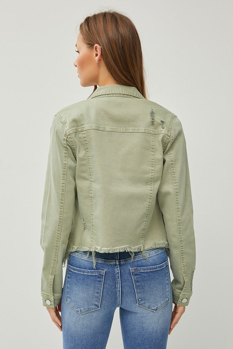 Olive Irregular Frayed Hem Denim Jacket