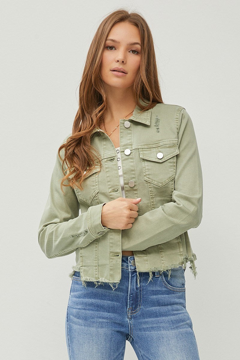 Olive Irregular Frayed Hem Denim Jacket