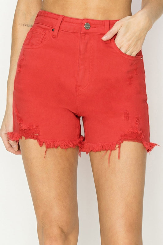 Risen High Rise distressed shorts- Fiesta Red