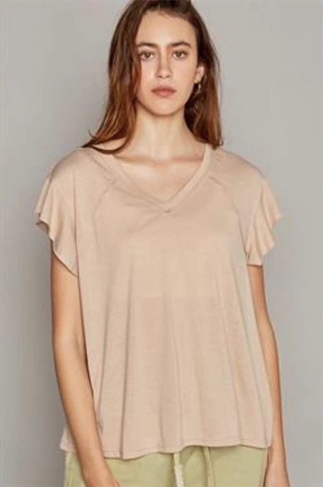 Ruffle Sleeve Tee- Beige