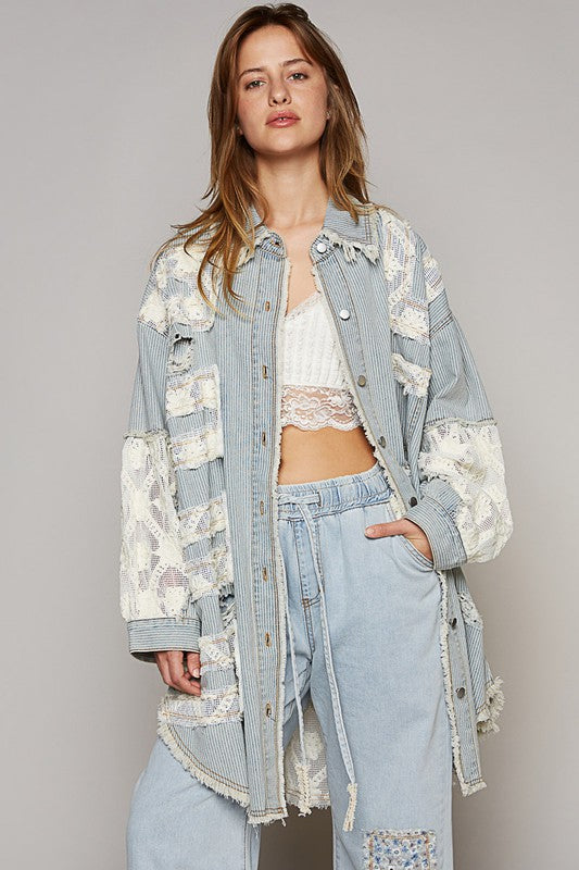 Oversized Distressed Crochet Patched Denim Jacket