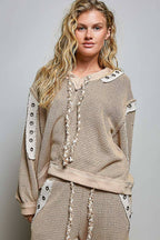 Solid Eyelet Stud Contrast Color Blocked Patch Knit Top