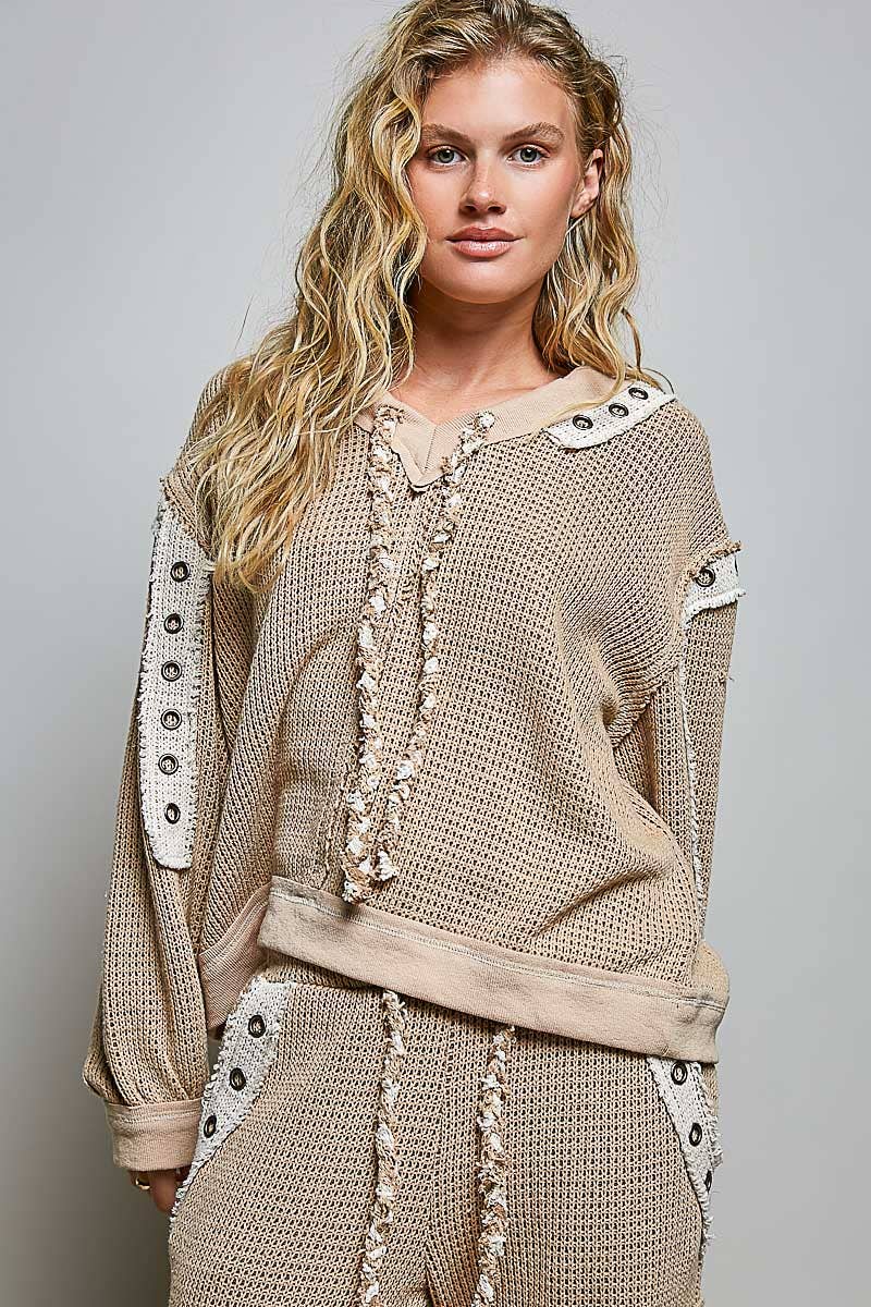 Solid Eyelet Stud Contrast Color Blocked Patch Knit Top